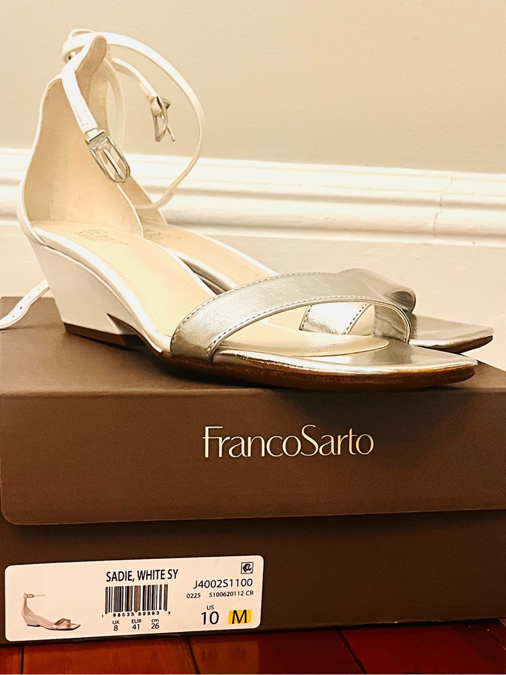 Franco Sarto White and Silver Ankle-Strap Wedge Sandal Size 10, Worn Once